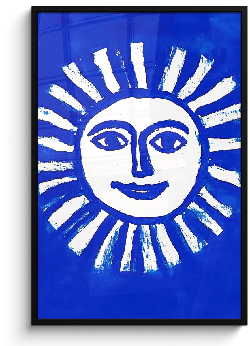 FrameYourWall Poster in lijst - Fotolijst 80x120 cm - Posters - Zon - Gezicht - Penseelstructuur - Blauw - Posterlijst zwart - Decoratie - Wanddecoratie woonkamer - Muurdecoratie slaapkamer