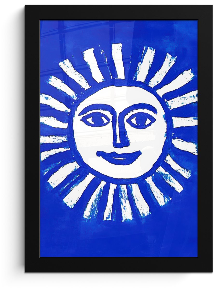 FrameYourWall Poster in lijst - Fotolijst 20x30 cm - Posters - Zon - Gezicht - Penseelstructuur - Blauw - Posterlijst zwart - Decoratie - Wanddecoratie woonkamer - Muurdecoratie slaapkamer