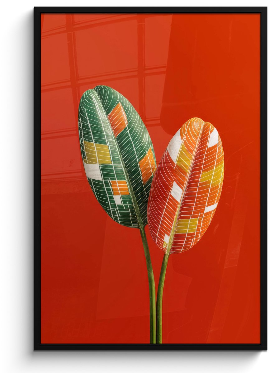FrameYourWall Poster in lijst - Fotolijst 80x120 cm - Posters - Bladeren - Ovaal - Mozaïek - Patroon - Posterlijst zwart - Decoratie - Wanddecoratie woonkamer - Muurdecoratie slaapkamer