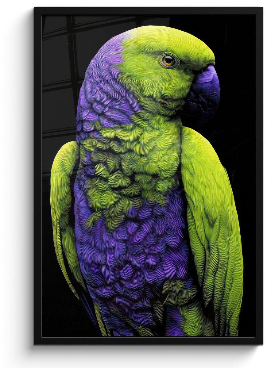 FrameYourWall Poster in lijst - Fotolijst 60x90 cm - Posters - Papegaai - Veren - Opvallend - Groen - Posterlijst zwart - Decoratie - Wanddecoratie woonkamer - Muurdecoratie slaapkamer