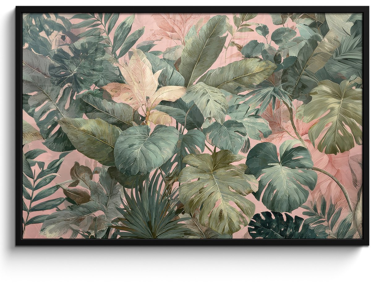 FrameYourWall Poster in lijst - Fotolijst 120x80 cm - Posters - Compositie van bladeren - Groen - Roze - Posterlijst zwart - Decoratie - Wanddecoratie woonkamer - Muurdecoratie slaapkamer Bladeren - Compositie