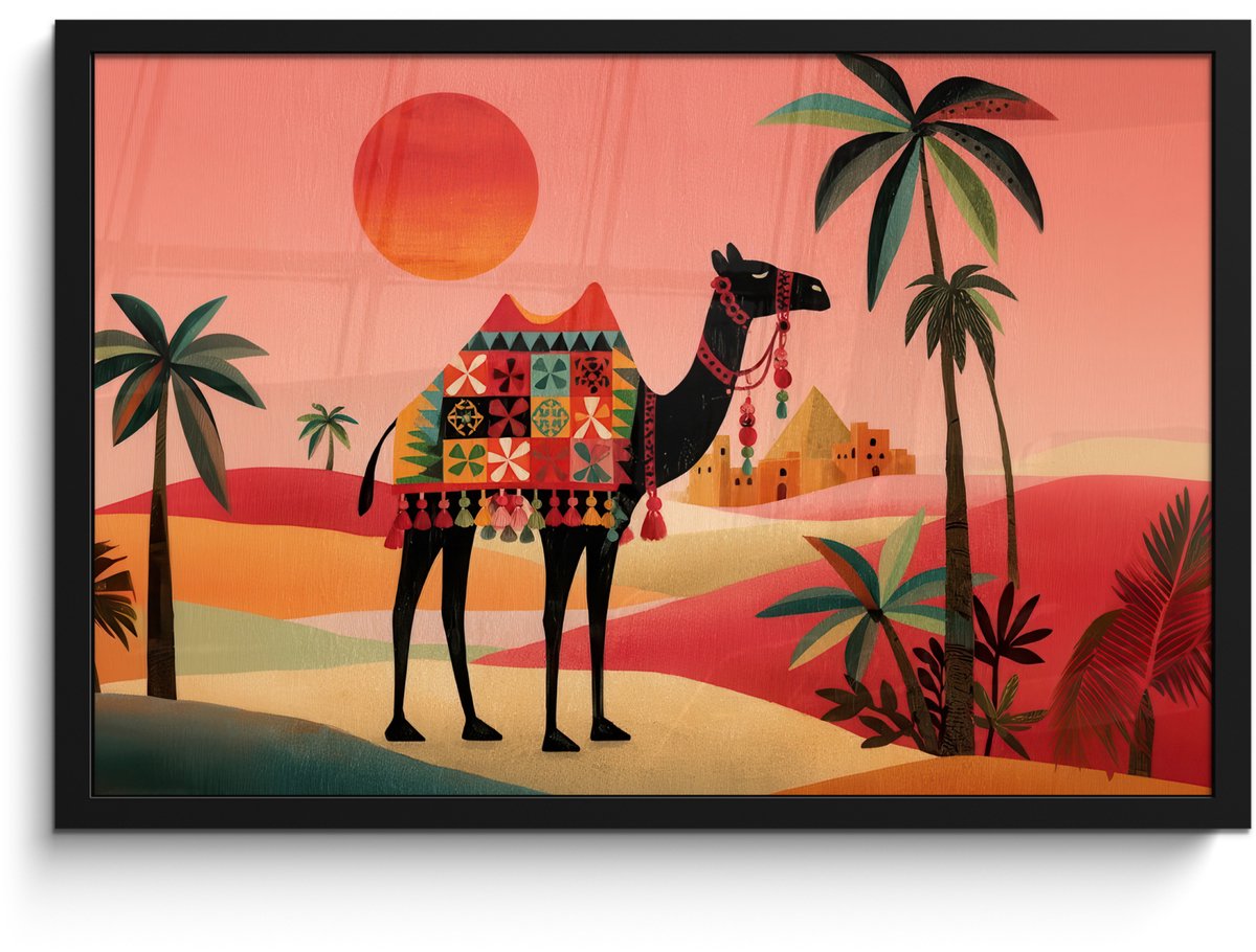 FrameYourWall Poster in lijst - Fotolijst 60x40 cm - Posters - Kameel - Gekleurd tapijt - Duinen - Rode zon - Posterlijst zwart - Decoratie - Wanddecoratie woonkamer - Muurdecoratie slaapkamer Kameel - Duinen - Zon