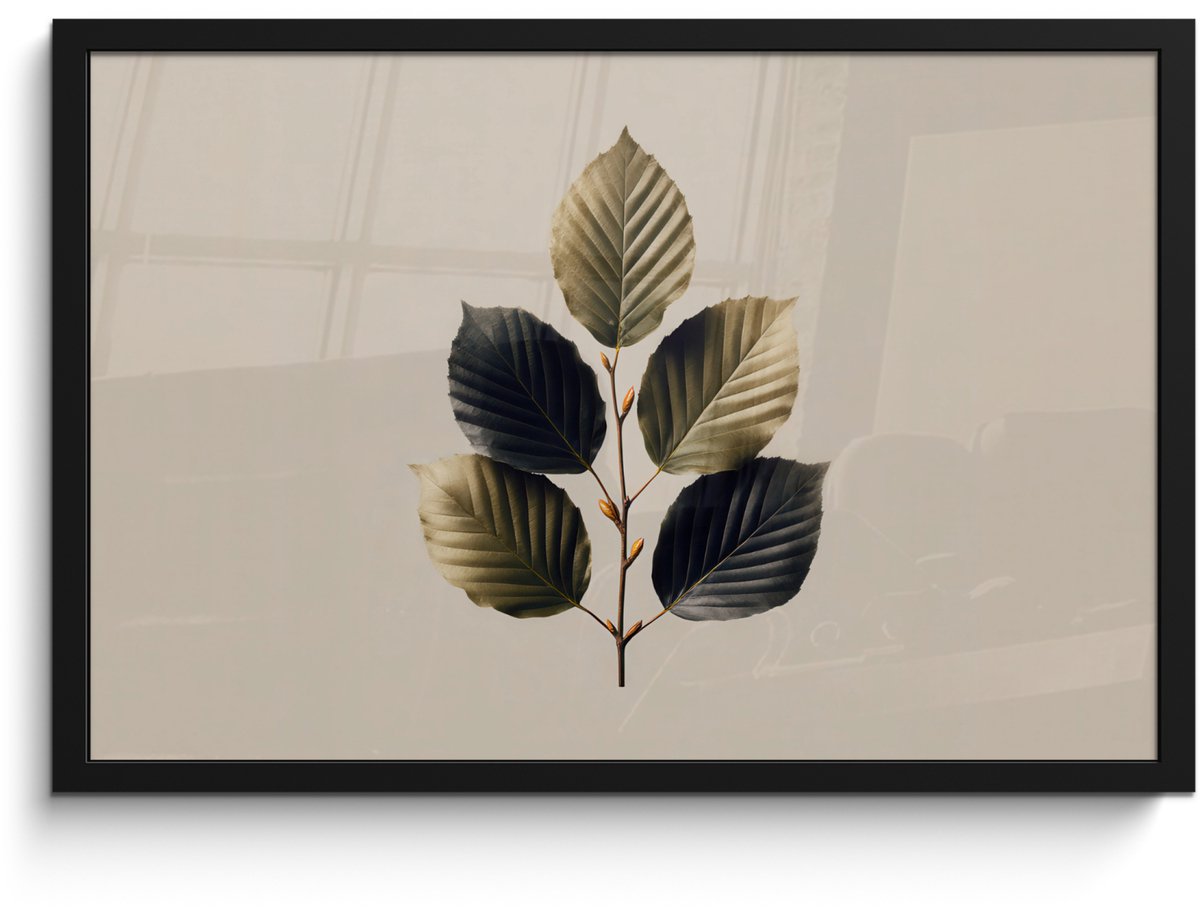 FrameYourWall Poster in lijst - Fotolijst 60x40 cm - Posters - Beukenbladeren - Bruin - Groen - neutraal - Posterlijst zwart - Decoratie - Wanddecoratie woonkamer - Muurdecoratie slaapkamer