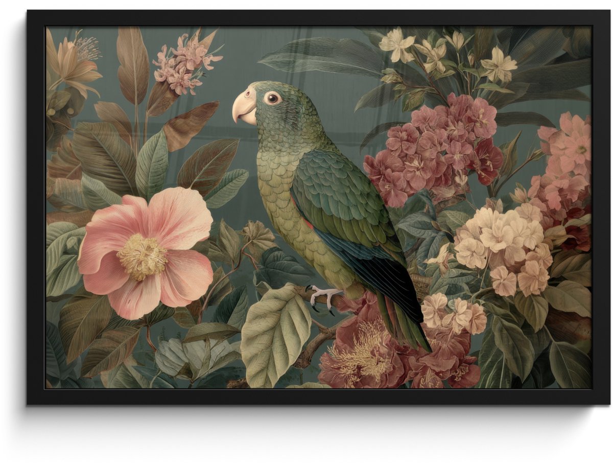 FrameYourWall Poster in lijst - Fotolijst 60x40 cm - Posters - Groene papegaai - Kleurrijke bloemen - Donkere achtergrond - Posterlijst zwart - Decoratie - Wanddecoratie woonkamer - Muurdecoratie slaapkamer Papegaai - Bloemen