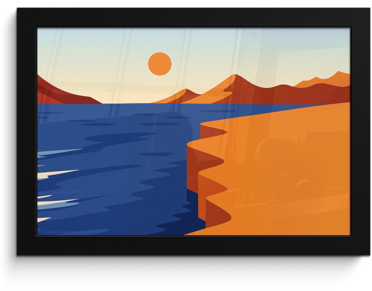 FrameYourWall Poster in lijst - Fotolijst 30x20 cm - Posters - Landschap - Bergen - Zon - Zee - Posterlijst zwart - Decoratie - Wanddecoratie woonkamer - Muurdecoratie slaapkamer Landschap - Zee - Zon