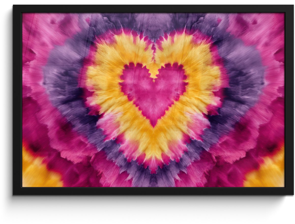 FrameYourWall Poster in lijst - Fotolijst 60x40 cm - Posters - Tie dye - Hartvorm - Vlammen - Oranje - Posterlijst zwart - Decoratie - Wanddecoratie woonkamer - Muurdecoratie slaapkamer