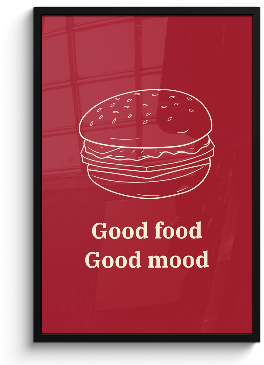 FrameYourWall Poster in lijst - Fotolijst 60x90 cm - Posters - Dieprood - Lijntekening - Tekst - Hamburger - Posterlijst zwart - Decoratie - Wanddecoratie woonkamer - Muurdecoratie slaapkamer Hamburger - Lijntekening