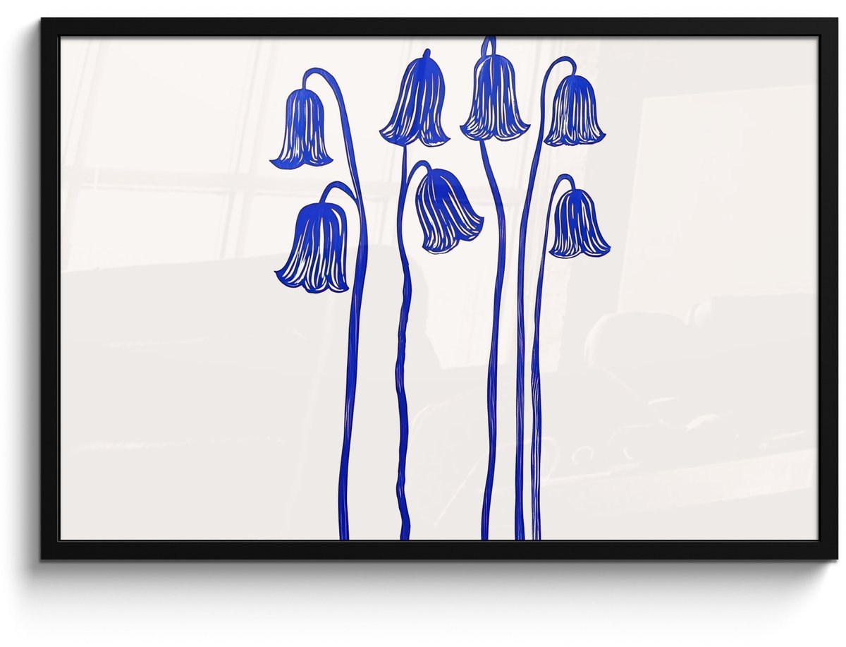 FrameYourWall Poster in lijst - Fotolijst 90x60 cm - Posters - Bloemen - Blauw - Lijnen - Bloemblaadjes - Posterlijst zwart - Decoratie - Wanddecoratie woonkamer - Muurdecoratie slaapkamer Bloemen - Bloemblaadjes