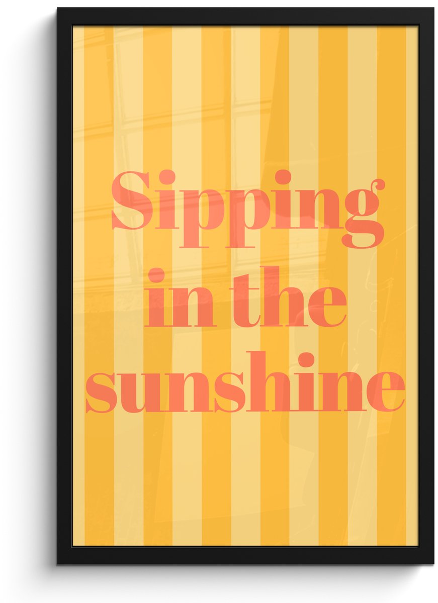 FrameYourWall Poster in lijst - Fotolijst 40x60 cm - Posters - Gestreept - Geel - Sunshine - Letters - Posterlijst zwart - Decoratie - Wanddecoratie woonkamer - Muurdecoratie slaapkamer Tekst - Strepen