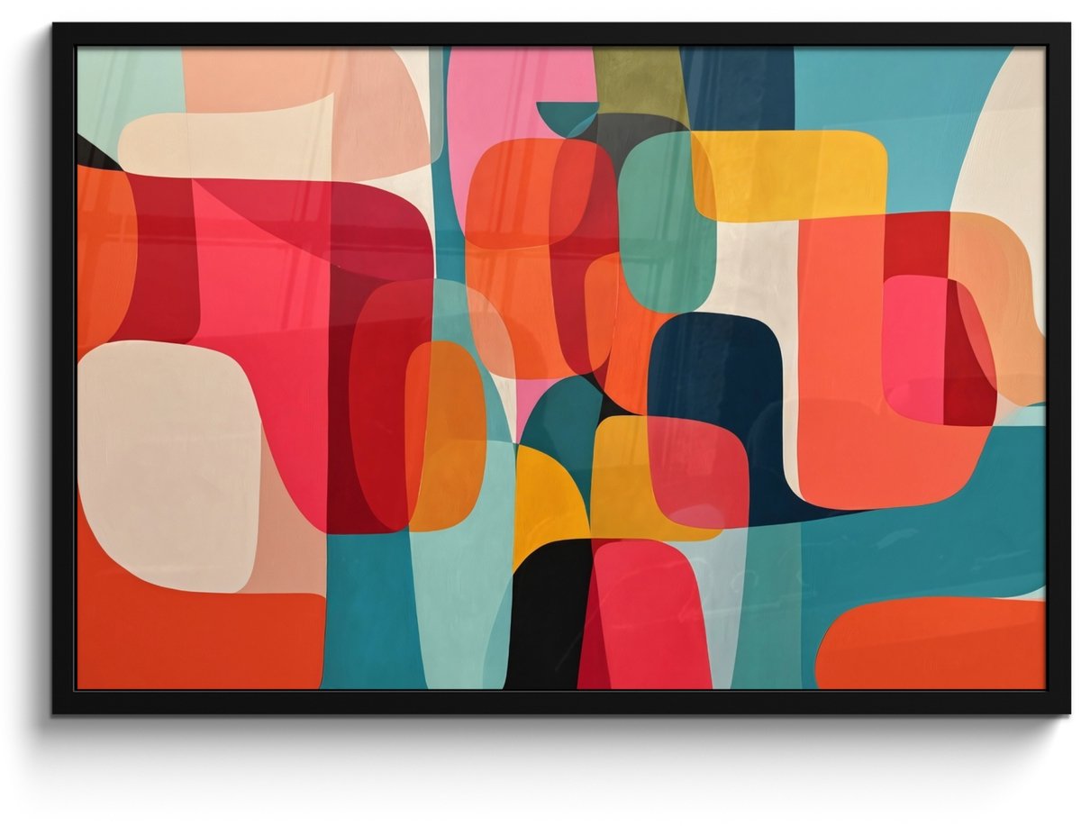 FrameYourWall Poster in lijst - Fotolijst 90x60 cm - Posters - Vormen - Kleurrijk - Abstract - Vlakken - Posterlijst zwart - Decoratie - Wanddecoratie woonkamer - Muurdecoratie slaapkamer Kleurbanen - Verticaal - Kleurrijk
