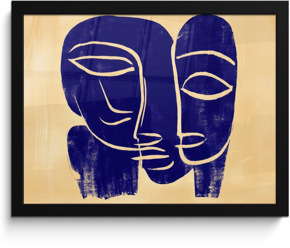 FrameYourWall Poster in lijst - Fotolijst 40x30 cm - Posters - Okergeel - Blauw - Eenvoudige lijnen - Posterlijst zwart - Decoratie - Wanddecoratie woonkamer - Muurdecoratie slaapkamer Lijnen - Gezichten
