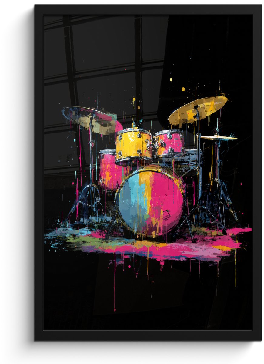 FrameYourWall Poster in lijst - Fotolijst 40x60 cm - Posters - Drumstel - Kleurrijk - Verf - Levendig - Posterlijst zwart - Decoratie - Wanddecoratie woonkamer - Muurdecoratie slaapkamer
