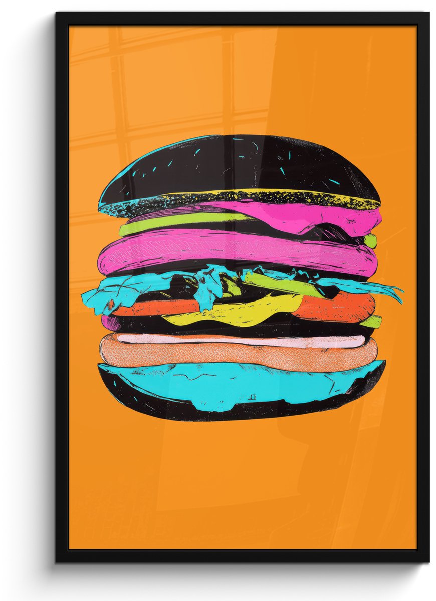 FrameYourWall Poster in lijst - Fotolijst 60x90 cm - Posters - Hamburger - Kleurrijk - Speels - Posterlijst zwart - Decoratie - Wanddecoratie woonkamer - Muurdecoratie slaapkamer