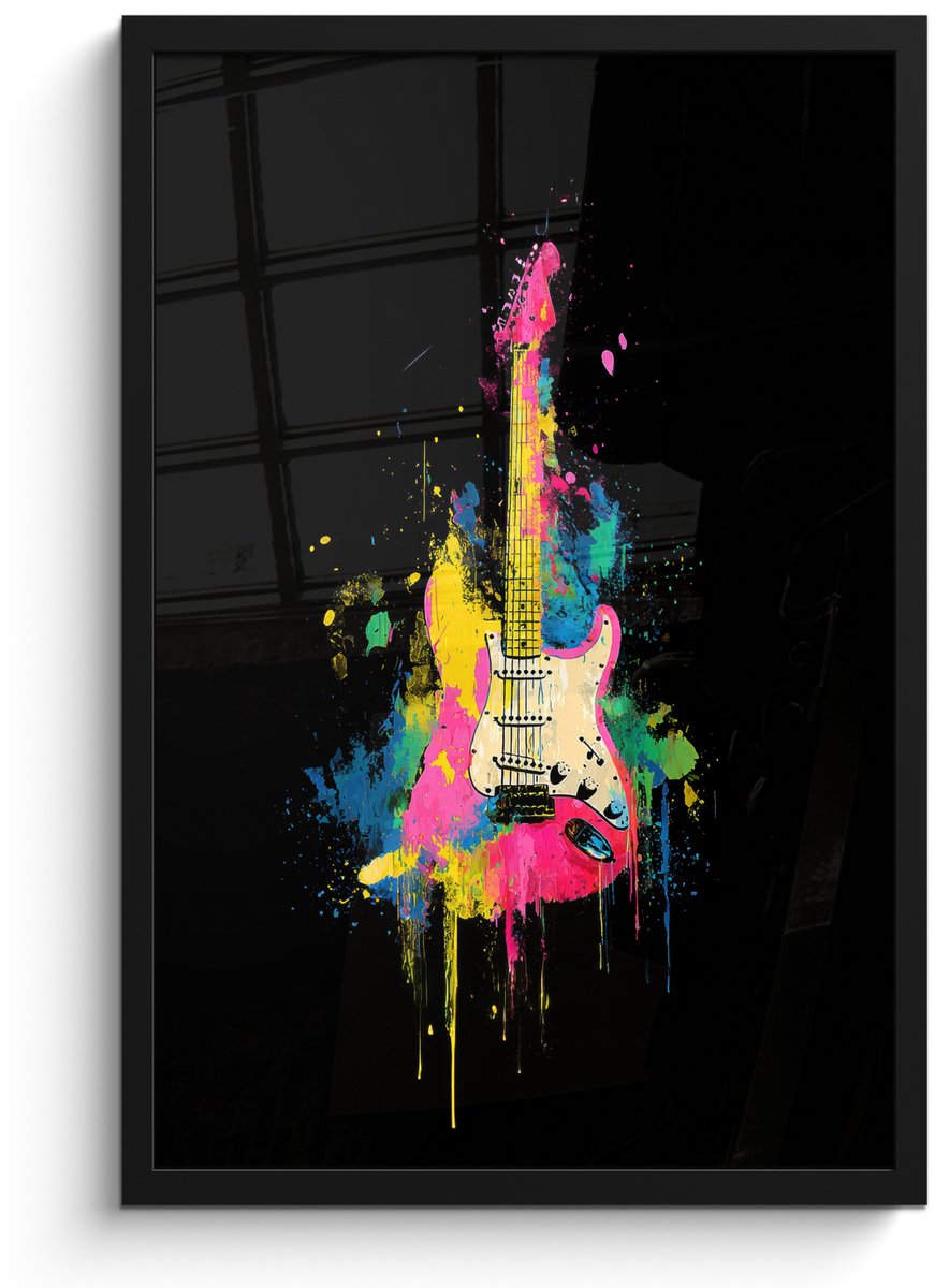 FrameYourWall Poster in lijst - Fotolijst 40x60 cm - Posters - Gitaar - Kleurrijk - Verf - Posterlijst zwart - Decoratie - Wanddecoratie woonkamer - Muurdecoratie slaapkamer