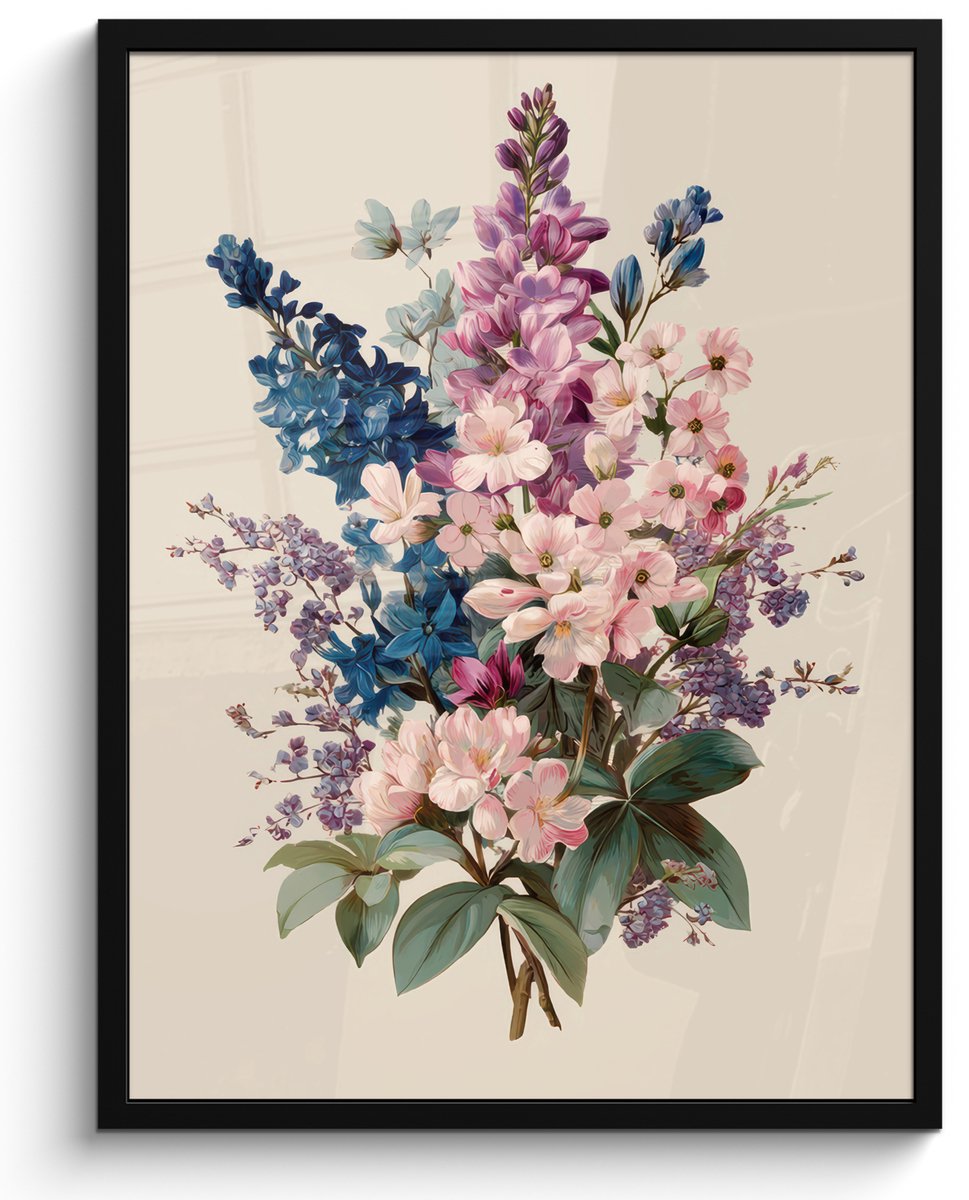 FrameYourWall Poster in lijst - Fotolijst 60x80 cm - Posters - Boeket - Beige - Harmonieus - Subtiel - Posterlijst zwart - Decoratie - Wanddecoratie woonkamer - Muurdecoratie slaapkamer