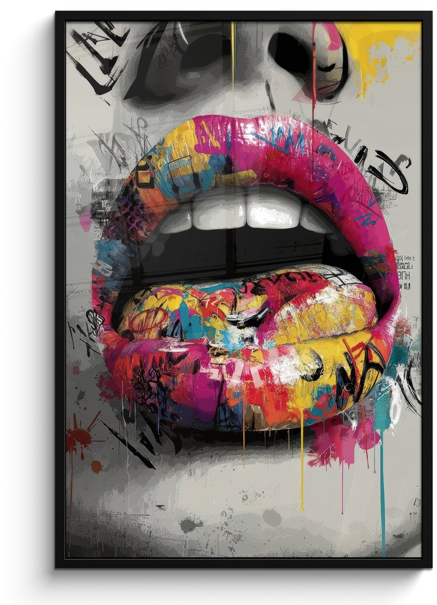 FrameYourWall Poster in lijst - Fotolijst 80x120 cm - Posters - Lippen - Graffiti - Expressief - Posterlijst zwart - Decoratie - Wanddecoratie woonkamer - Muurdecoratie slaapkamer