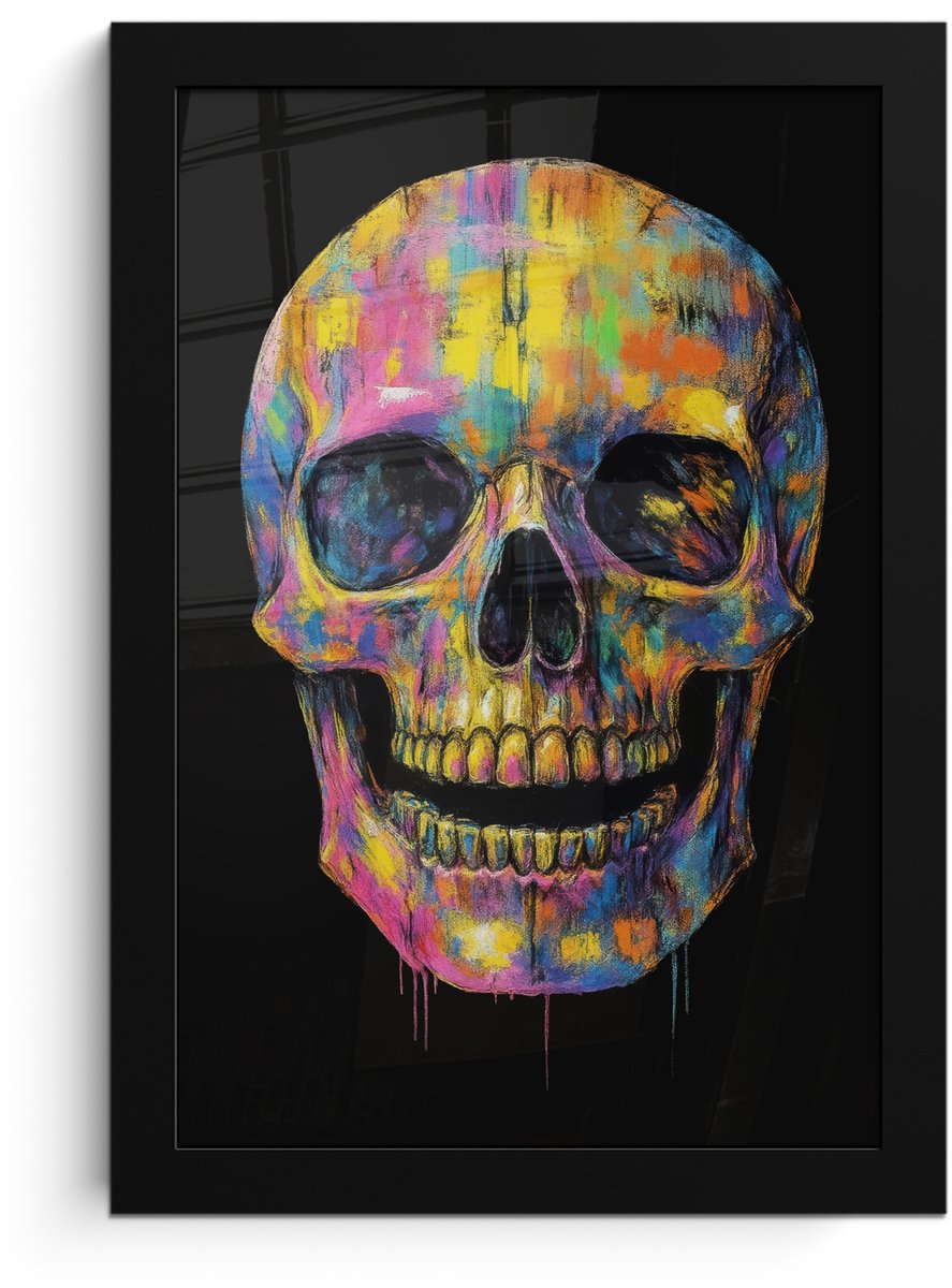 FrameYourWall Poster in lijst - Fotolijst 20x30 cm - Posters - Penseelstreken - Schedel - Kleurrijk - Abstract - Posterlijst zwart - Decoratie - Wanddecoratie woonkamer - Muurdecoratie slaapkamer Schedel - Penseelstreken