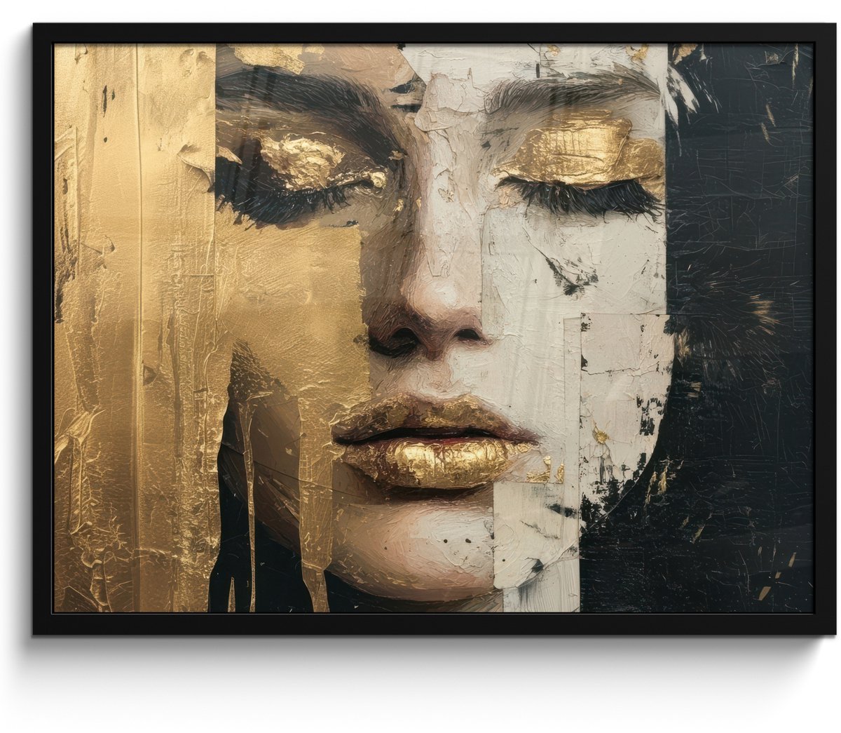 FrameYourWall Poster in lijst - Fotolijst 80x60 cm - Posters - Abstract - Goud - Gezicht - Lippen - Posterlijst zwart - Decoratie - Wanddecoratie woonkamer - Muurdecoratie slaapkamer Abstract - Gezicht - Lippen