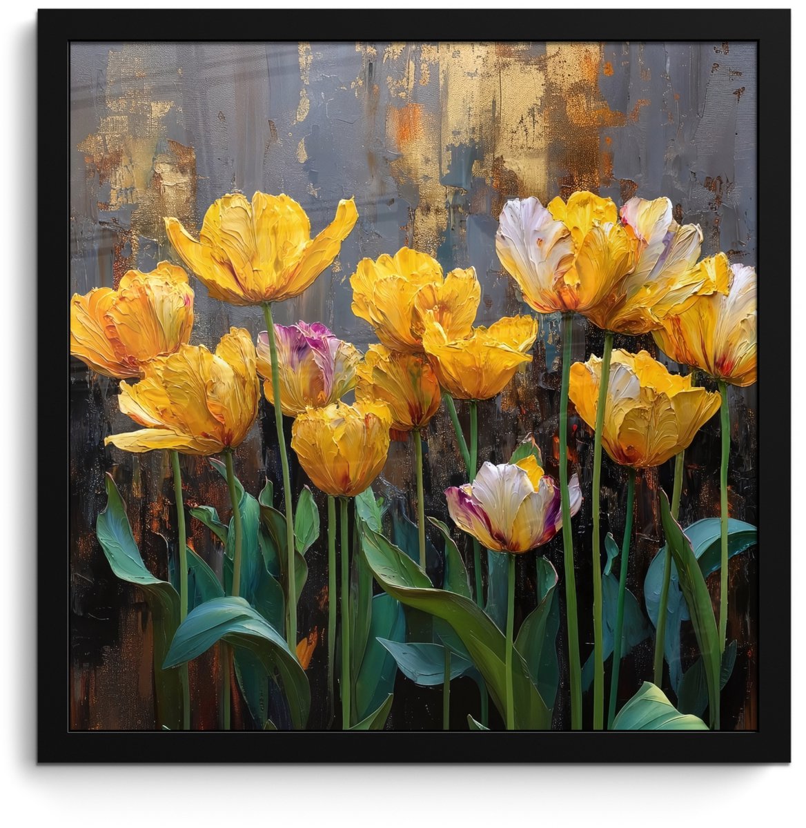 FrameYourWall Poster in lijst - Fotolijst 40x40 cm - Posters - Tulpen - Geel - Penseelstreken - Abstract - Posterlijst zwart - Decoratie - Wanddecoratie woonkamer - Muurdecoratie slaapkamer