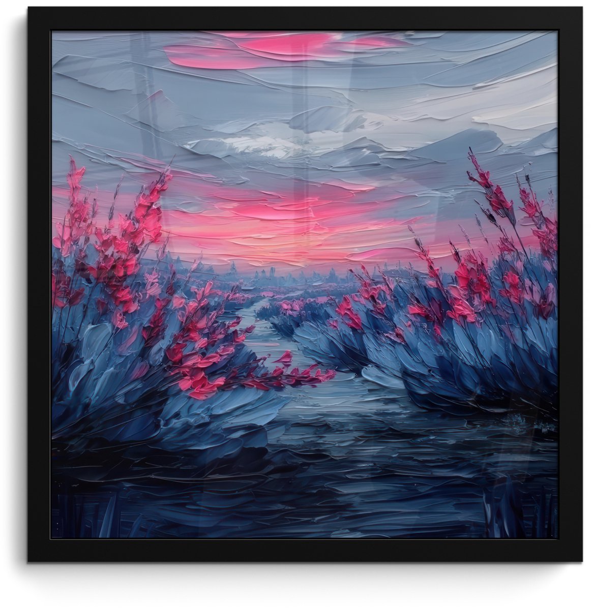 FrameYourWall Poster in lijst - Fotolijst 40x40 cm - Posters - Schilderij - Zonsondergang - Bloemen - Rivier - Posterlijst zwart - Decoratie - Wanddecoratie woonkamer - Muurdecoratie slaapkamer