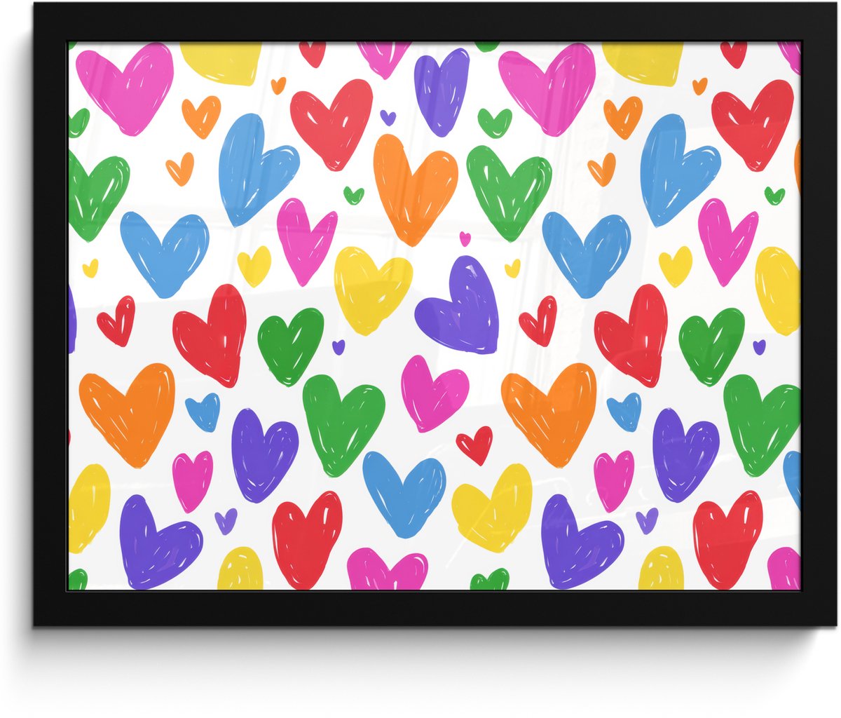 FrameYourWall Poster in lijst - Fotolijst 40x30 cm - Posters - Hartjes - Patroon - Kleurrijk - Tekening - Posterlijst zwart - Decoratie - Wanddecoratie woonkamer - Muurdecoratie slaapkamer Hartjes - Kleurrijk