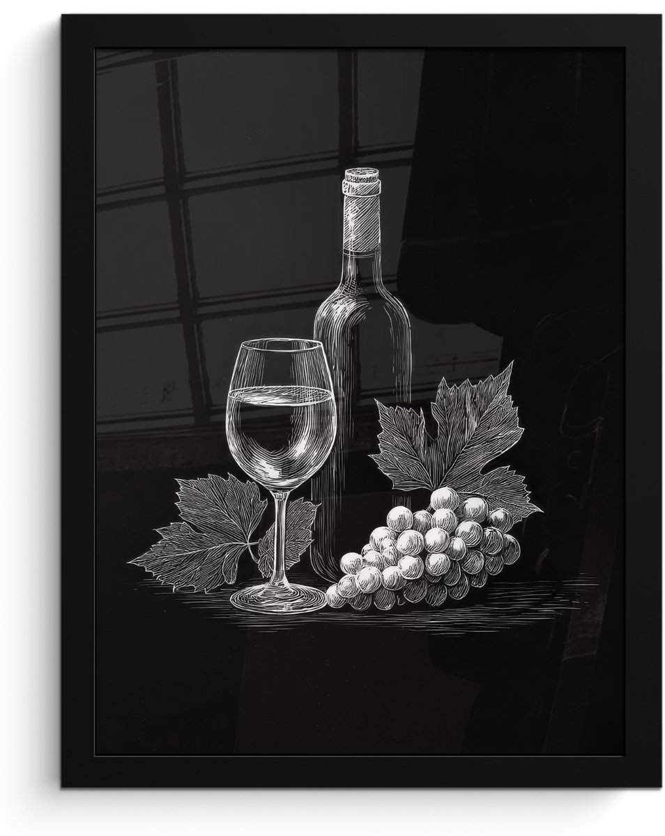 FrameYourWall Poster in lijst - Fotolijst 30x40 cm - Posters - Wijnfles - Glas - Druiven - Bladeren - Posterlijst zwart - Decoratie - Wanddecoratie woonkamer - Muurdecoratie slaapkamer Wijnfles - Druiven