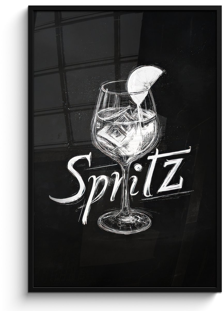 FrameYourWall Poster in lijst - Fotolijst 80x120 cm - Posters - Glas spritz - Krijtletters - Ijsblokjes - Citroen - Posterlijst zwart - Decoratie - Wanddecoratie woonkamer - Muurdecoratie slaapkamer Glas - Spritz