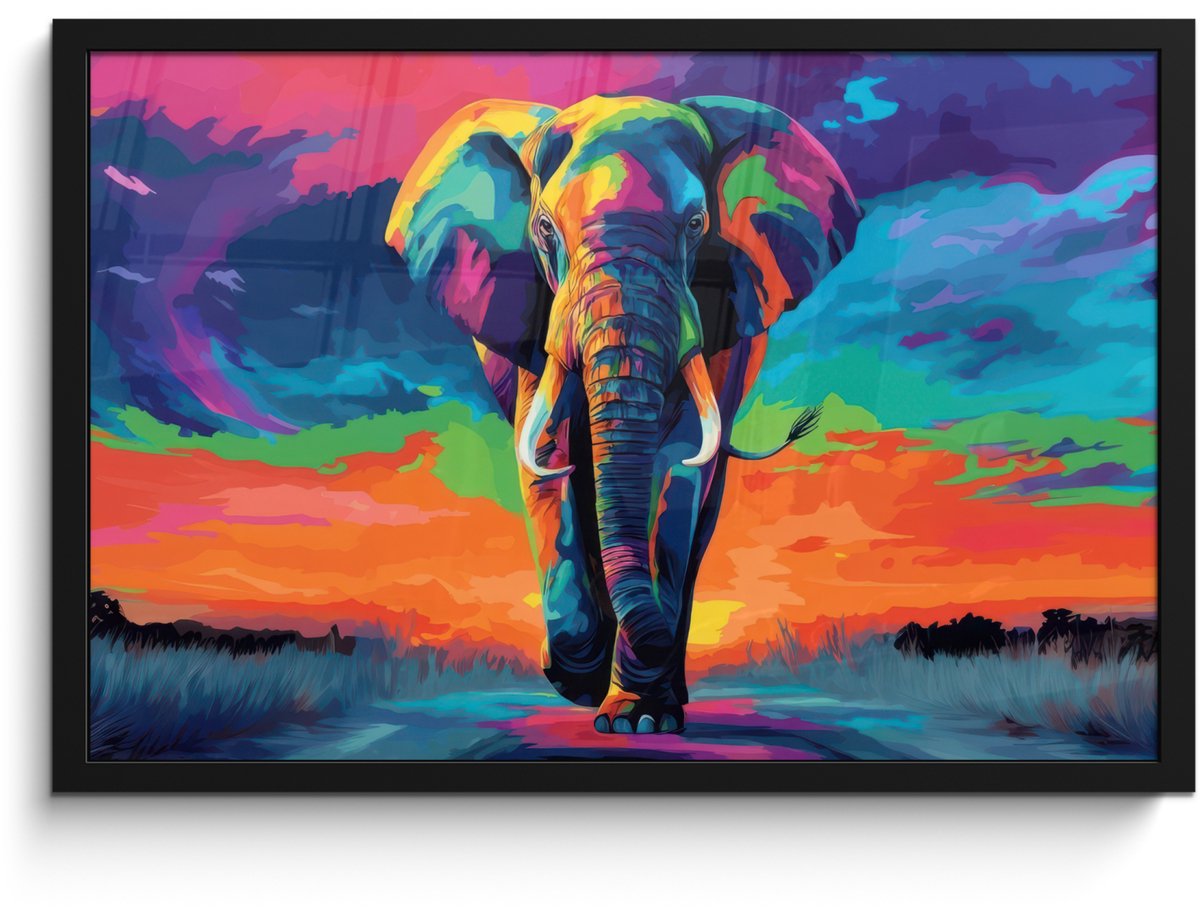 FrameYourWall Poster in lijst - Fotolijst 60x40 cm - Posters - Olifant - Kleurrijk - Lucht - Abstract - Posterlijst zwart - Decoratie - Wanddecoratie woonkamer - Muurdecoratie slaapkamer