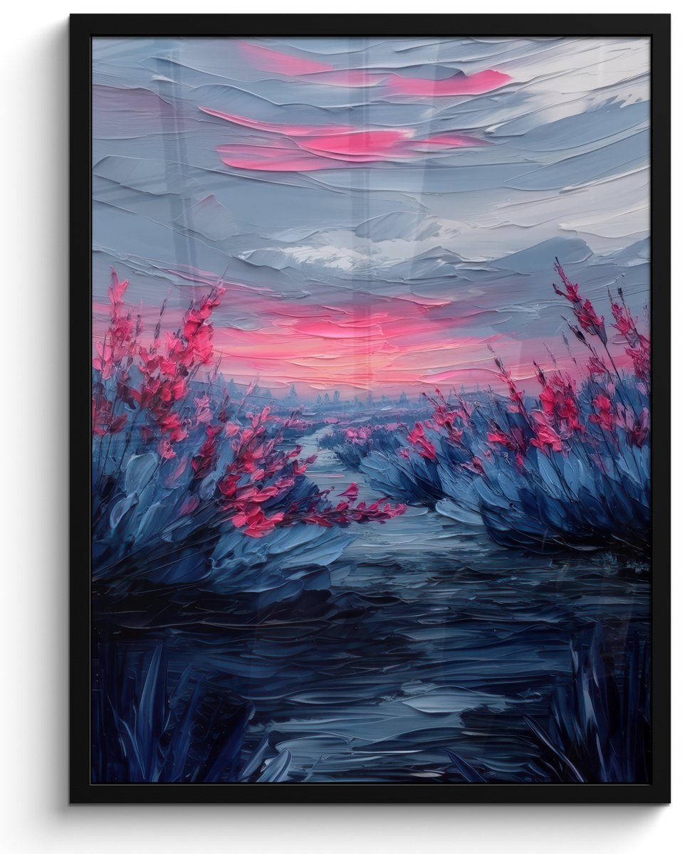 FrameYourWall Poster in lijst - Fotolijst 60x80 cm - Posters - Schilderij - Zonsondergang - Bloemen - Rivier - Posterlijst zwart - Decoratie - Wanddecoratie woonkamer - Muurdecoratie slaapkamer