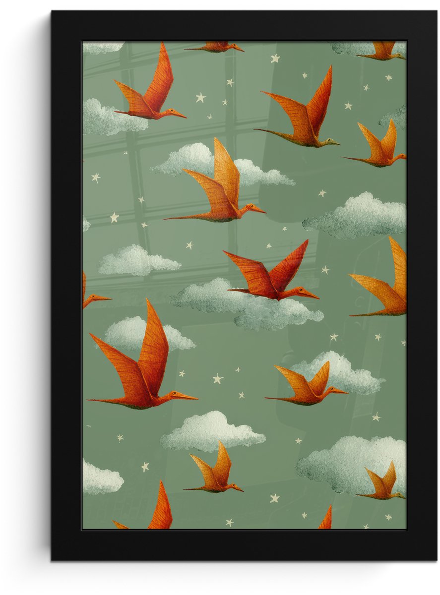 FrameYourWall Poster in lijst - Fotolijst 20x30 cm - Posters - Dinosaurussen - Wolken - Sterren - Oranje - Posterlijst zwart - Decoratie - Wanddecoratie woonkamer - Muurdecoratie slaapkamer