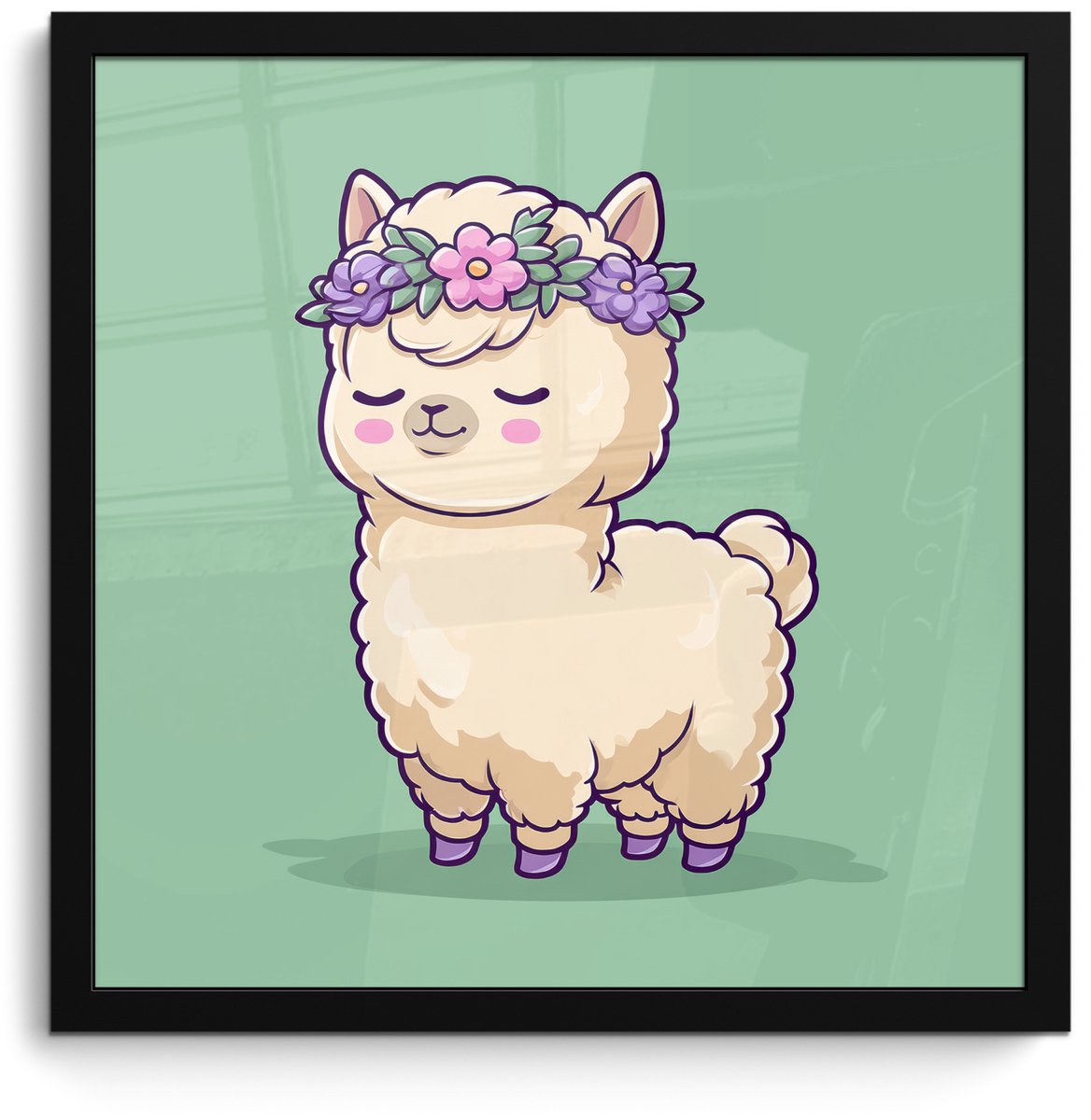FrameYourWall Poster in lijst - Fotolijst 40x40 cm - Posters - Alpaca - Groen - Bloemendiadeem - Posterlijst zwart - Decoratie - Wanddecoratie woonkamer - Muurdecoratie slaapkamer
