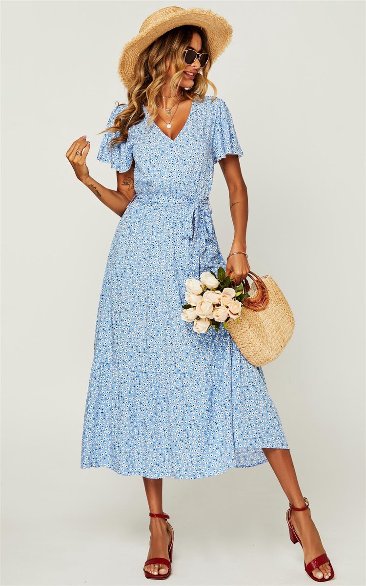 Midi-jurk met bloemenprint en gelaagde zoom in blauw