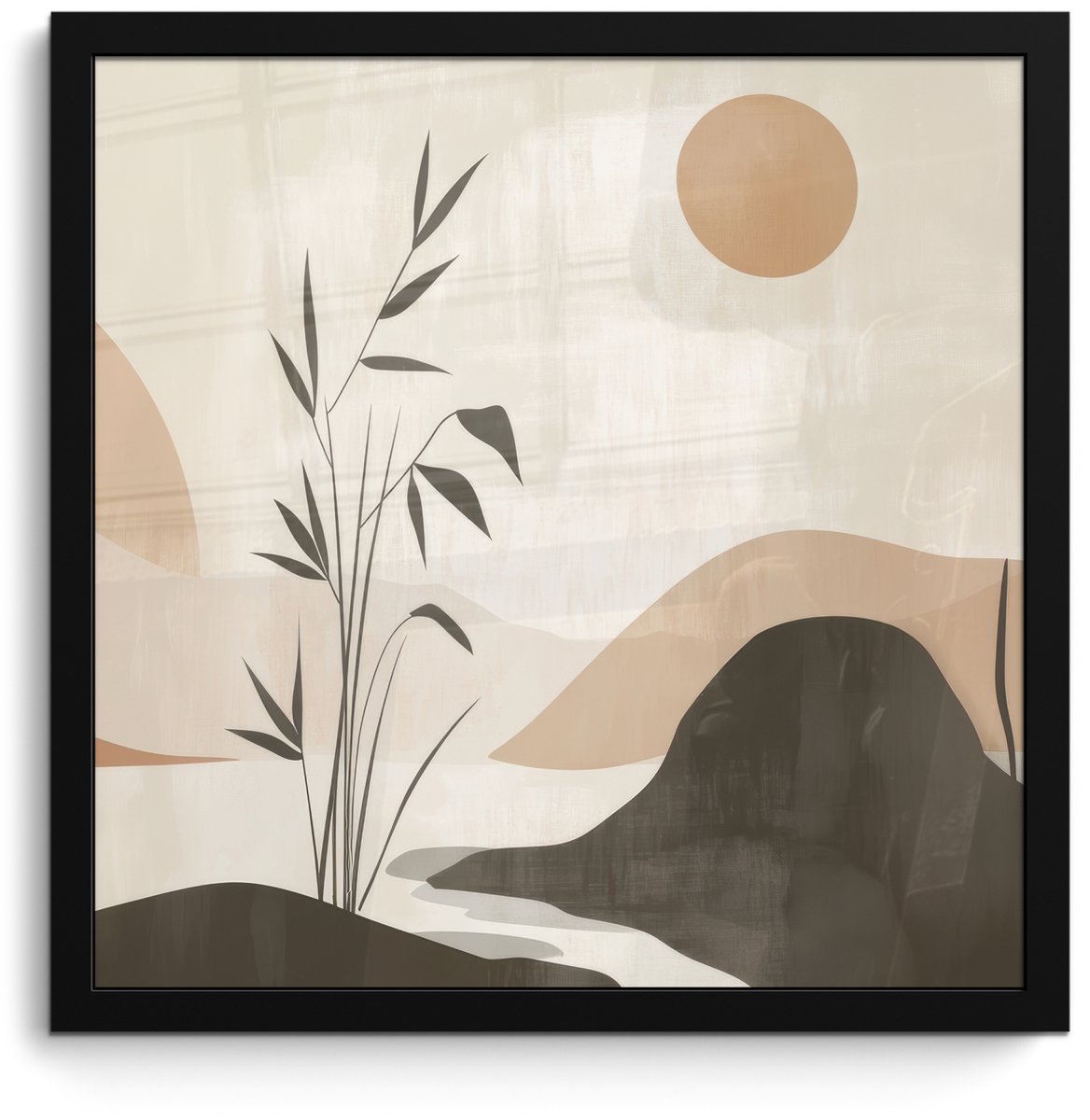 FrameYourWall Poster in lijst - Fotolijst 40x40 cm - Posters - Japandi - Landschap - Beige - Posterlijst zwart - Decoratie - Wanddecoratie woonkamer - Muurdecoratie slaapkamer Natuur