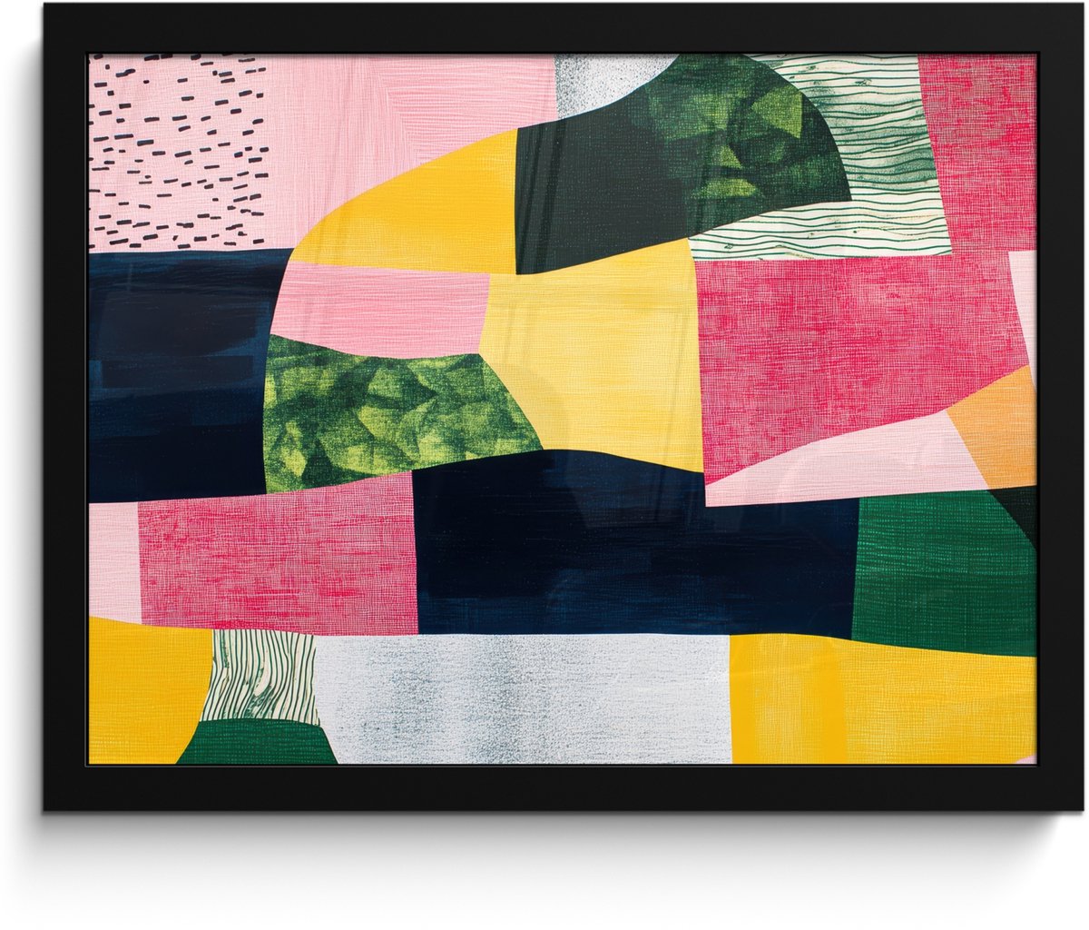 FrameYourWall Poster in lijst - Fotolijst 40x30 cm - Posters - Abstract - Roze - Lappen - Vormen - Geel - Posterlijst zwart - Decoratie - Wanddecoratie woonkamer - Muurdecoratie slaapkamer