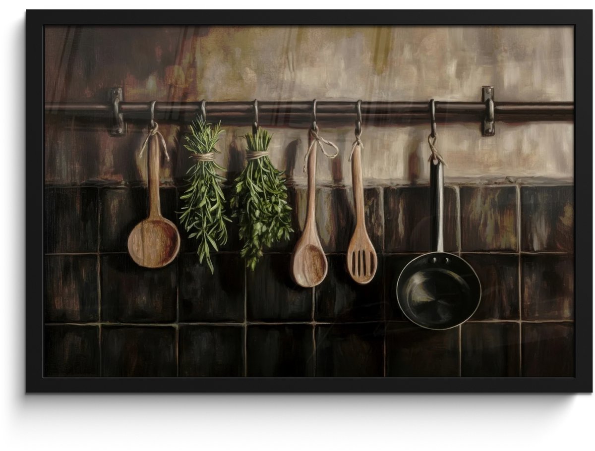 FrameYourWall Poster in lijst - Fotolijst 60x40 cm - Posters - Keukengerei - Rustiek - Tegels - Kruiden - Posterlijst zwart - Decoratie - Wanddecoratie woonkamer - Muurdecoratie slaapkamer Keukengerei - Stilleven