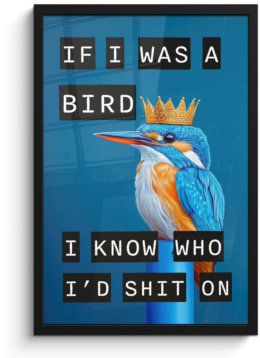 FrameYourWall Poster in lijst - Fotolijst 40x60 cm - Posters - Vogel - Decoratie - Ijsvogel - Blauw - Posterlijst zwart - Decoratie - Wanddecoratie woonkamer - Muurdecoratie slaapkamer Tekst - IJsvogel