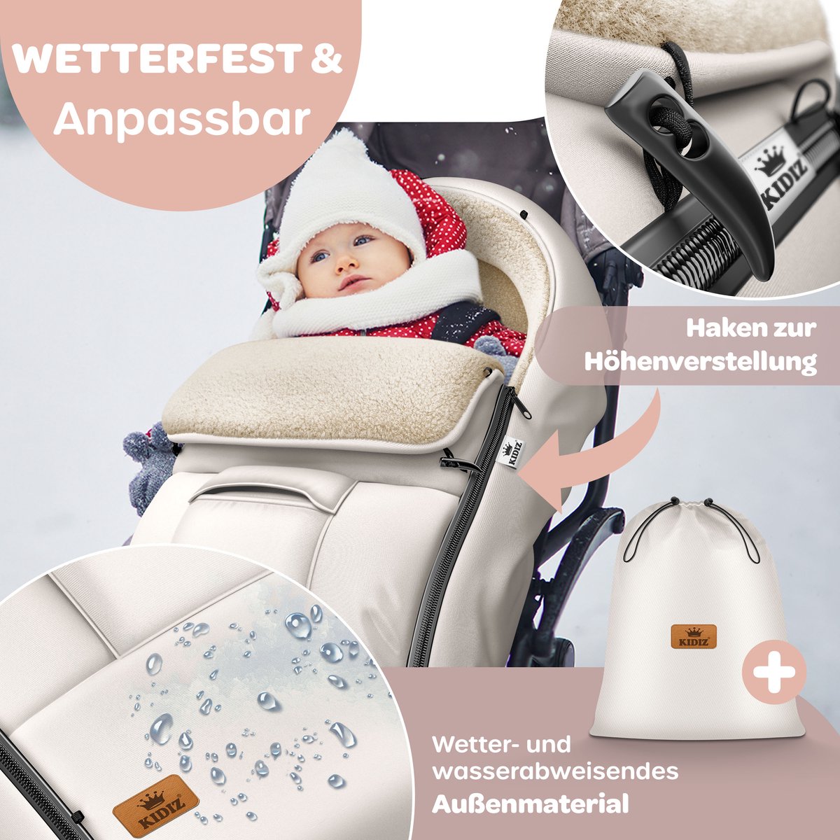 KIDIZ® Voetenzak voor Autostoeltje en Buggy met Ritssluiting - Baby Slaapzak Deken voor Maxi-Cosi & Wandelwagen / Kinderwagen - Beige – foto 2