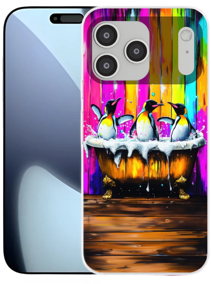 Telefoonhoesje Geschikt voor iPhone 17 Pro Max hoesje - Pinguïns - Badkuip - Kleurrijk - Schuim - Siliconen Telefoonhoesje Telefoonhoesje