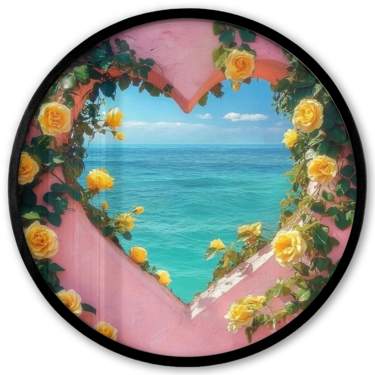FrameYourWall Poster in lijst Rond - Fotolijst 40x40 cm - Posters - Hart - Zee - Muur - Ronde posterlijst zwart - Decoratie - Wanddecoratie woonkamer - Muurdecoratie slaapkamer Hart - Doorkijk