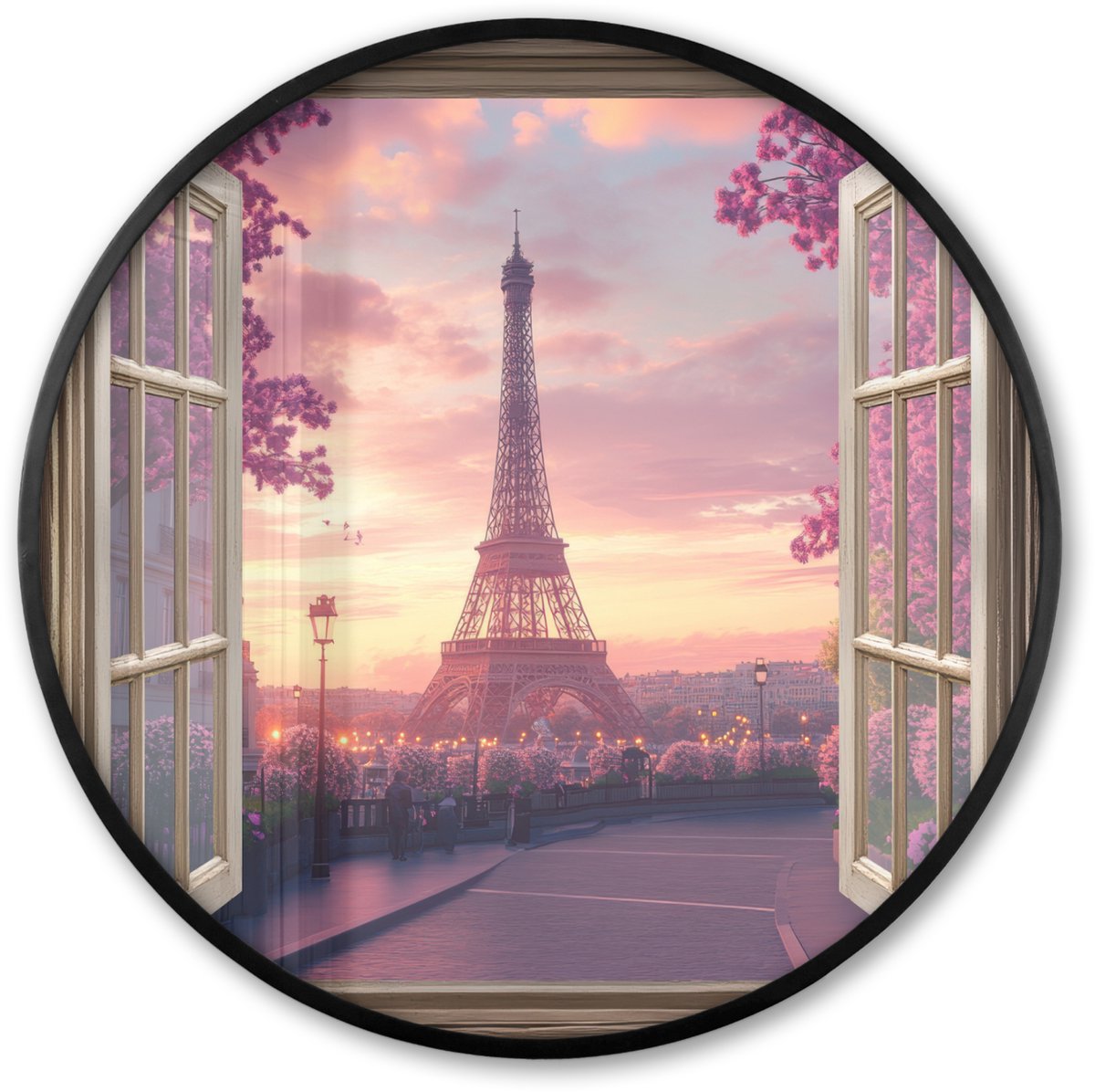FrameYourWall Poster in lijst Rond - Fotolijst 80x80 cm - Posters - Doorkijk - Parijs - Eiffeltoren - Roze - Kersenbloesem - Ronde posterlijst zwart - Decoratie - Wanddecoratie woonkamer - Muurdecoratie slaapkamer