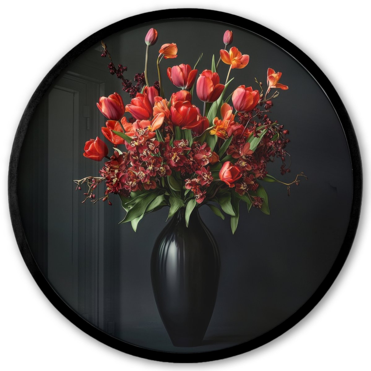 FrameYourWall Poster in lijst Rond - Fotolijst 40x40 cm - Posters - Boeket - Tulpen - Vaas - Rood - Ronde posterlijst zwart - Decoratie - Wanddecoratie woonkamer - Muurdecoratie slaapkamer Boeket - Bloemen 2