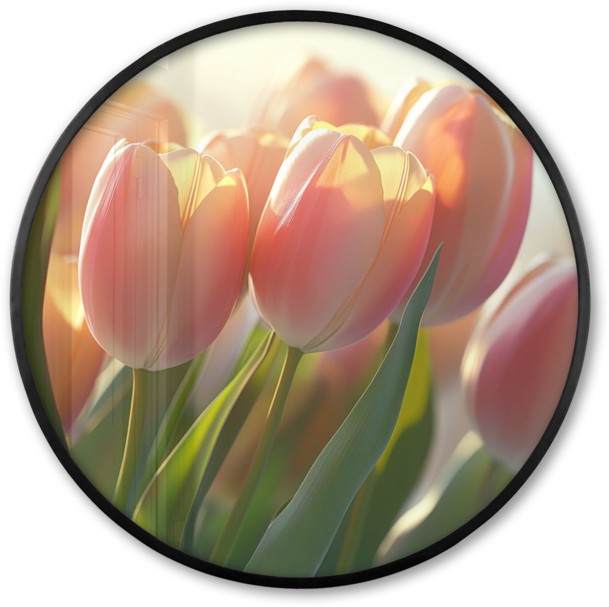 FrameYourWall Poster in lijst Rond - Fotolijst 60x60 cm - Posters - Tulpen - Roze - Zonnestralen - Ronde posterlijst zwart - Decoratie - Wanddecoratie woonkamer - Muurdecoratie slaapkamer