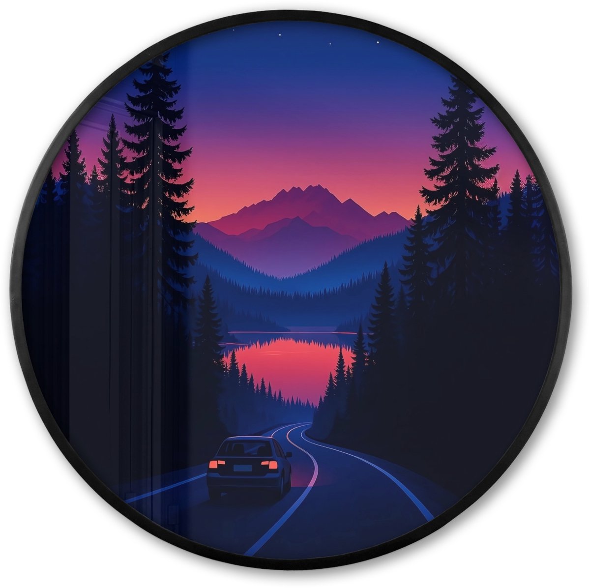 FrameYourWall Poster in lijst Rond - Fotolijst 60x60 cm - Posters - Auto - Donkere dennenbomen - Zonsondergang - Ronde posterlijst zwart - Decoratie - Wanddecoratie woonkamer - Muurdecoratie slaapkamer Auto - Dennenbomen - Zonsondergang