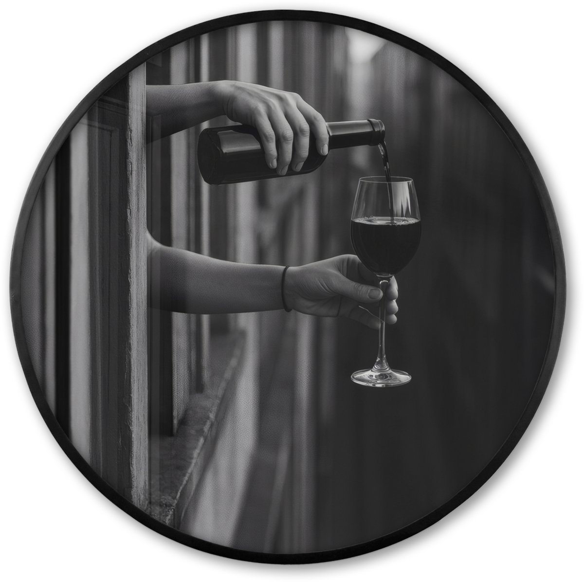FrameYourWall Poster in lijst Rond - Fotolijst 60x60 cm - Posters - Wijnfles - Glas - Handen - Raam - Ronde posterlijst zwart - Decoratie - Wanddecoratie woonkamer - Muurdecoratie slaapkamer Wijn - Fles