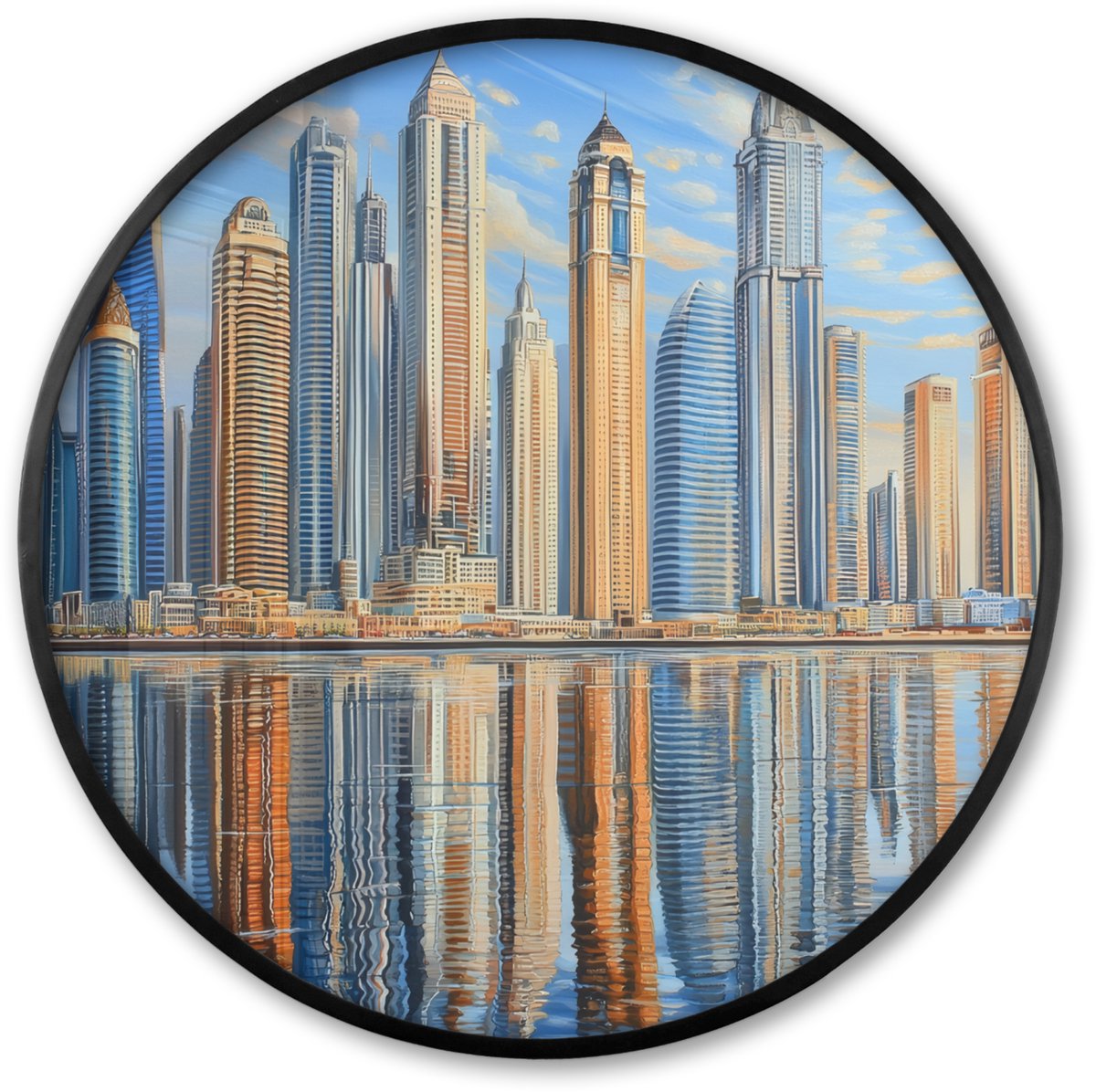 FrameYourWall Poster in lijst Rond - Fotolijst 60x60 cm - Posters - Skyline - Wolkenkrabbers - Water - Blauw - Ronde posterlijst zwart - Decoratie - Wanddecoratie woonkamer - Muurdecoratie slaapkamer