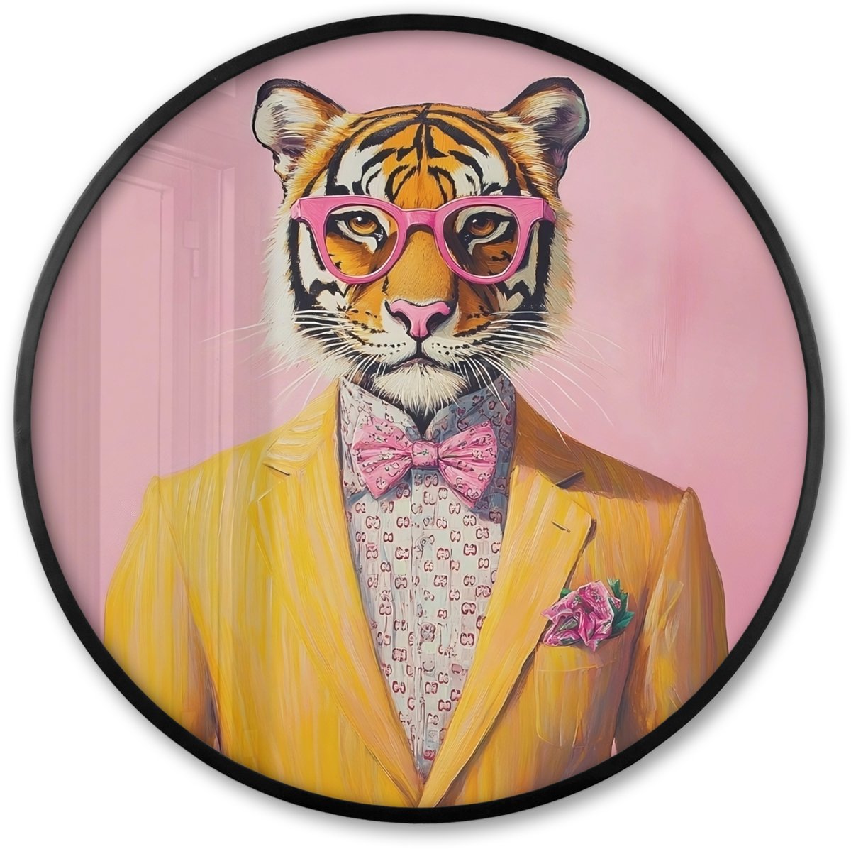 FrameYourWall Poster in lijst Rond - Fotolijst 60x60 cm - Posters - Tijger - Bril - Geel - Jasje - Ronde posterlijst zwart - Decoratie - Wanddecoratie woonkamer - Muurdecoratie slaapkamer
