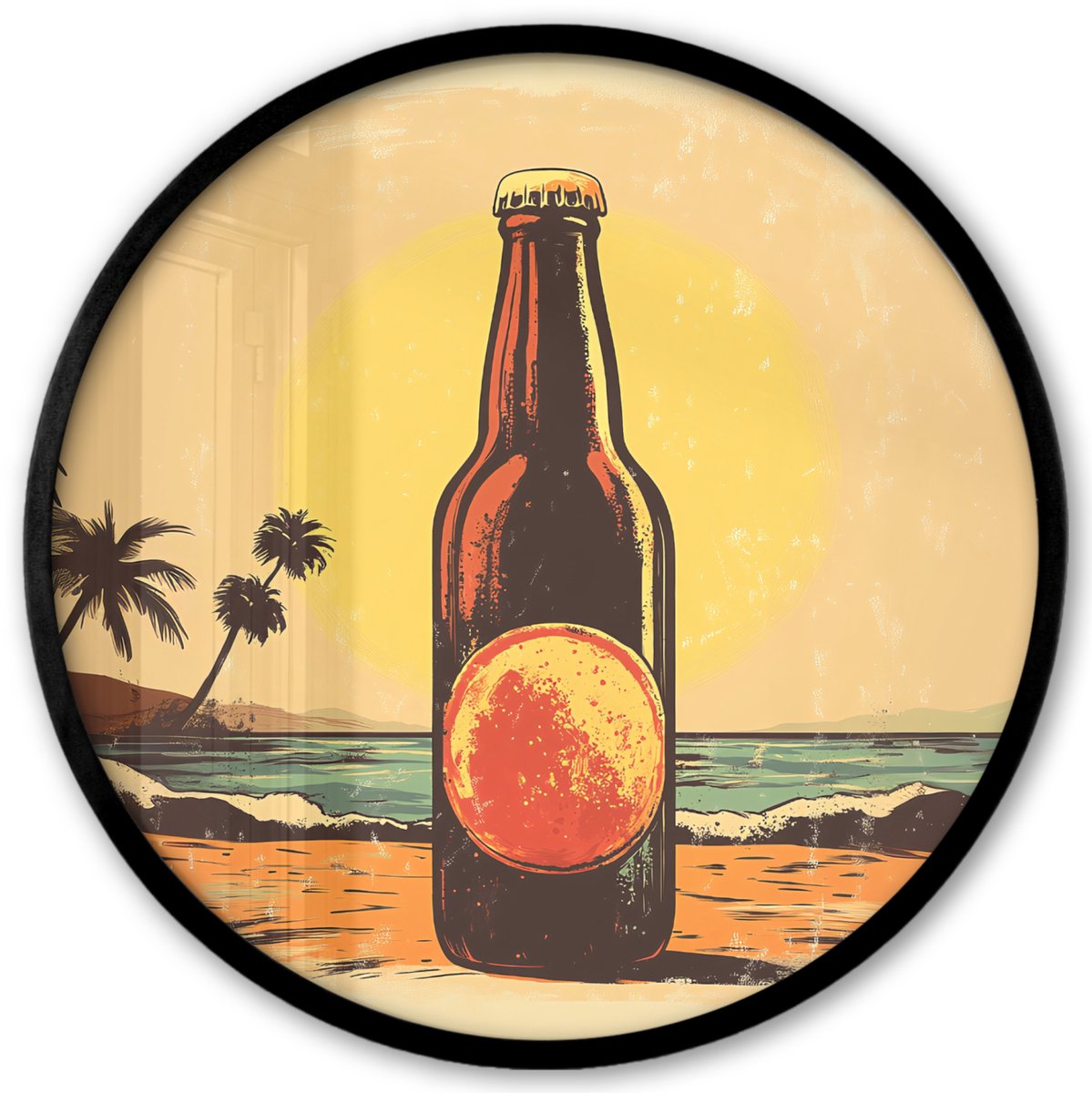 FrameYourWall Poster in lijst Rond - Fotolijst 40x40 cm - Posters - Bierfles - Zonsondergang - Palmbomen - Zee - Ronde posterlijst zwart - Decoratie - Wanddecoratie woonkamer - Muurdecoratie slaapkamer Bierfles - Strand