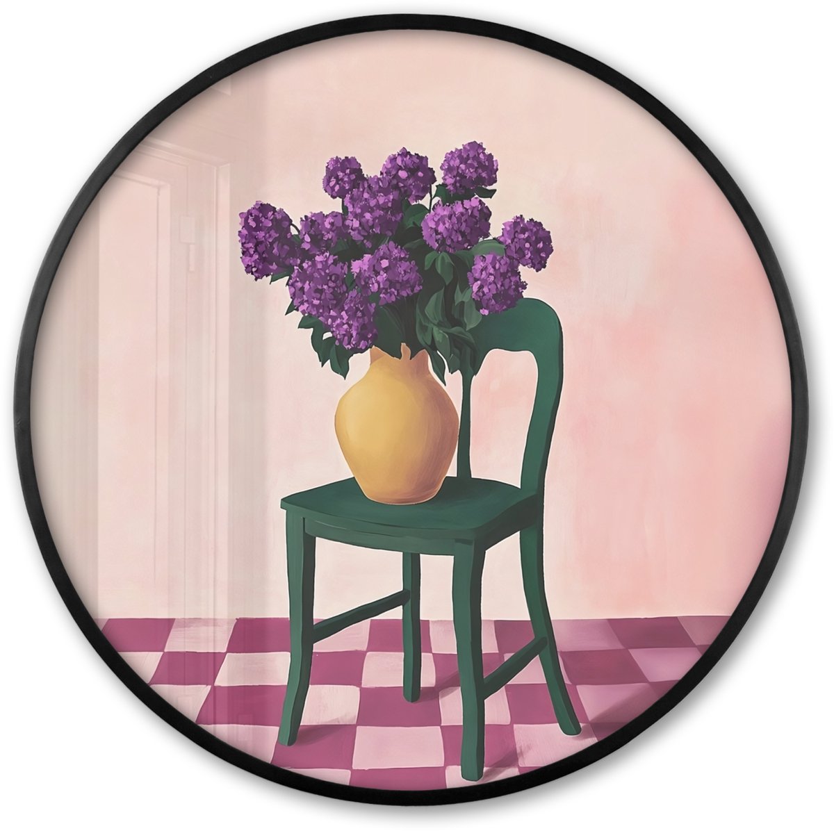 FrameYourWall Poster in lijst Rond - Fotolijst 80x80 cm - Posters - Stoel - Vaas - Bloemen - Geblokt - Ronde posterlijst zwart - Decoratie - Wanddecoratie woonkamer - Muurdecoratie slaapkamer