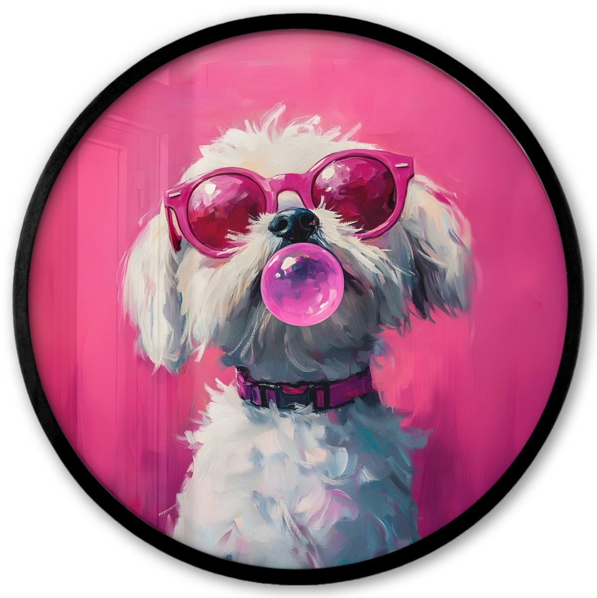 FrameYourWall Poster in lijst Rond - Fotolijst 40x40 cm - Posters - Pink - Hond - Bubbel - Ronde posterlijst zwart - Decoratie - Wanddecoratie woonkamer - Muurdecoratie slaapkamer Hond - Kauwgom