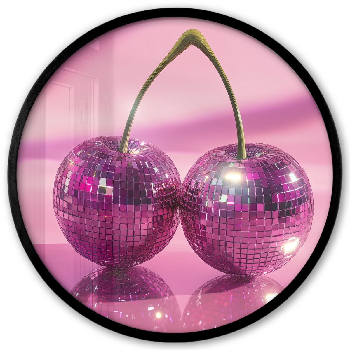FrameYourWall Poster in lijst Rond - Fotolijst 40x40 cm - Posters - Glitter - Discobol - Roze - Kersen - Ronde posterlijst zwart - Decoratie - Wanddecoratie woonkamer - Muurdecoratie slaapkamer Disco - Kersen